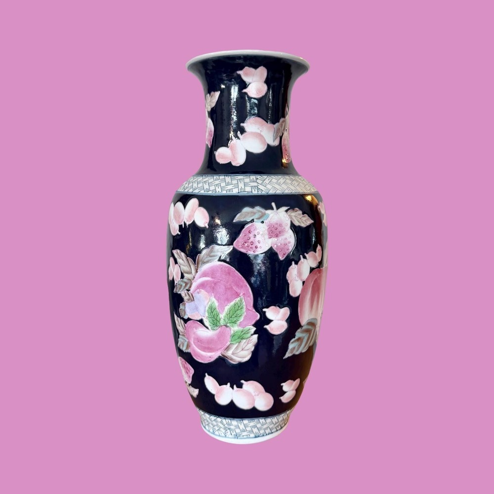 Vintage Large Navy Peach Pink Chinoiserie Fruit Motif Ceramic Vase 12" Tall